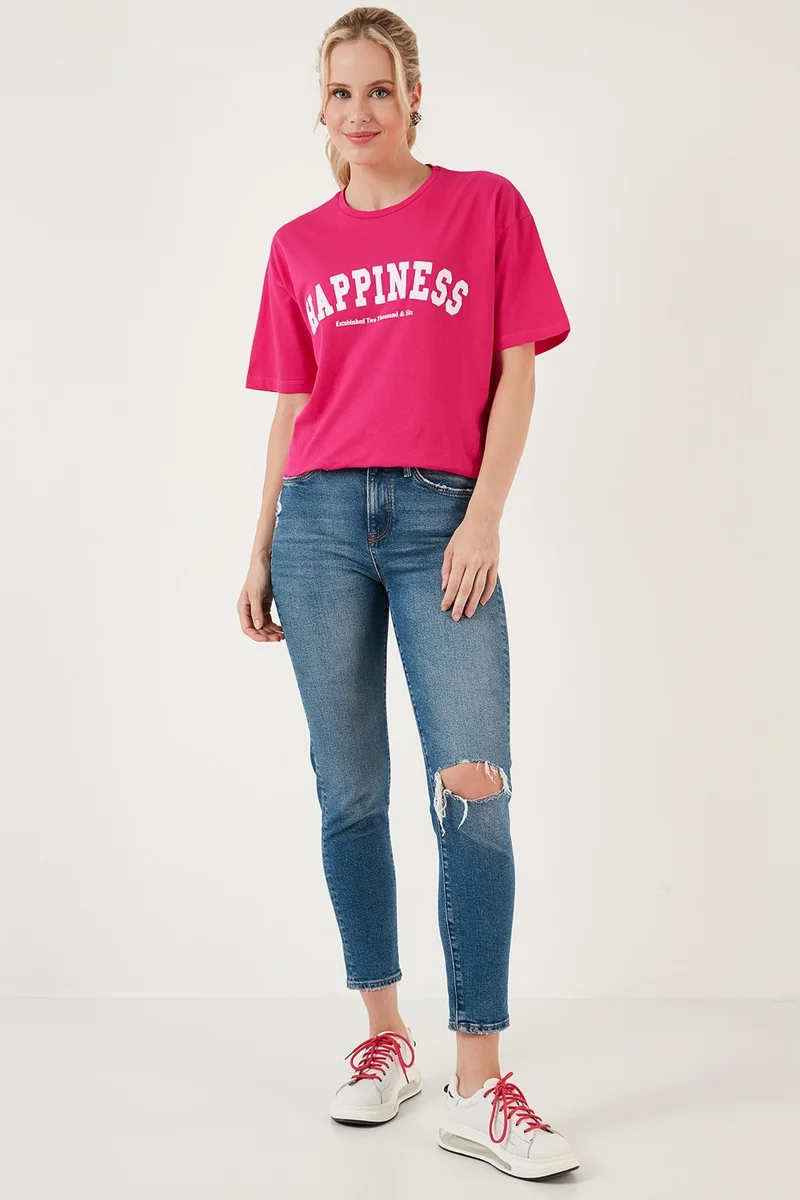Lela Printed Cotton Oversize Crew Neck T Shirt Women's T Shirt 541HAPPINESS