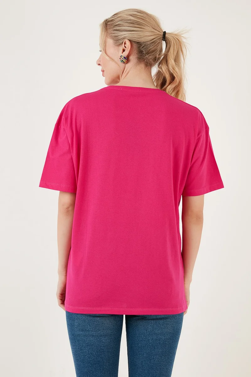 Lela Printed Cotton Oversize Crew Neck T Shirt Women's T Shirt 541HAPPINESS