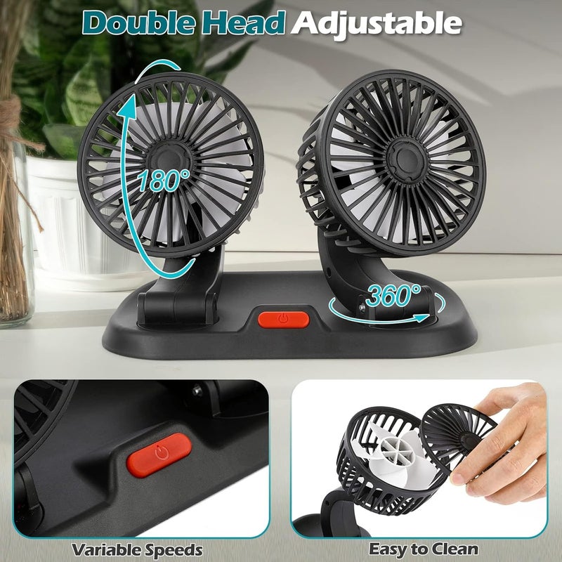 TERRIFI Dual-Head Portable Car Fan, USB Electric Fan, 3 Speeds & 360 Degree Rotation Auto Cooling Car Fan, Suitable for Rear Seat, Car Dashboard, Home, Office - Image 3