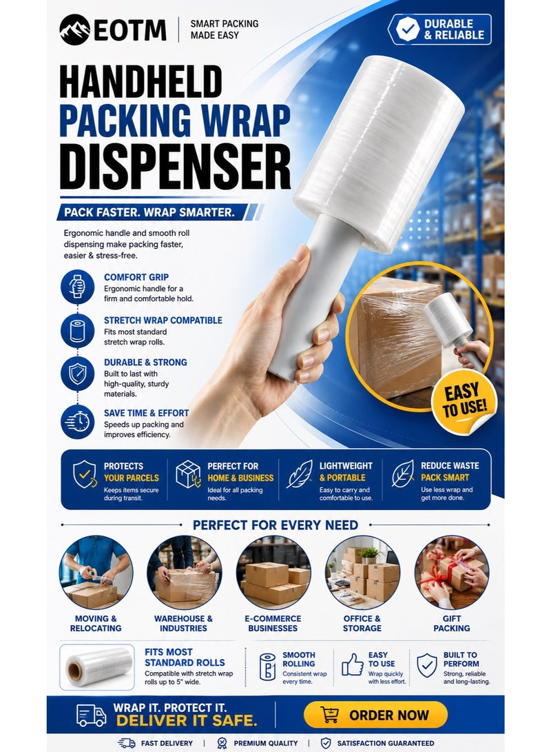 EOTM Durable and Transparent Roll Stretch Wrap Film with Plastic Handle - Image 1