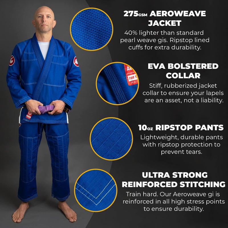 Gold BJJ بدلة جيو جيتسو جولد بجيه جيه أيرويف - بدلة بجيه جيه خفيفة الوزن للغاية - زي جيو جيتسو برازيلي مسبق الانكماش للرجال (أزرق ملكي، A3L) - Image 2