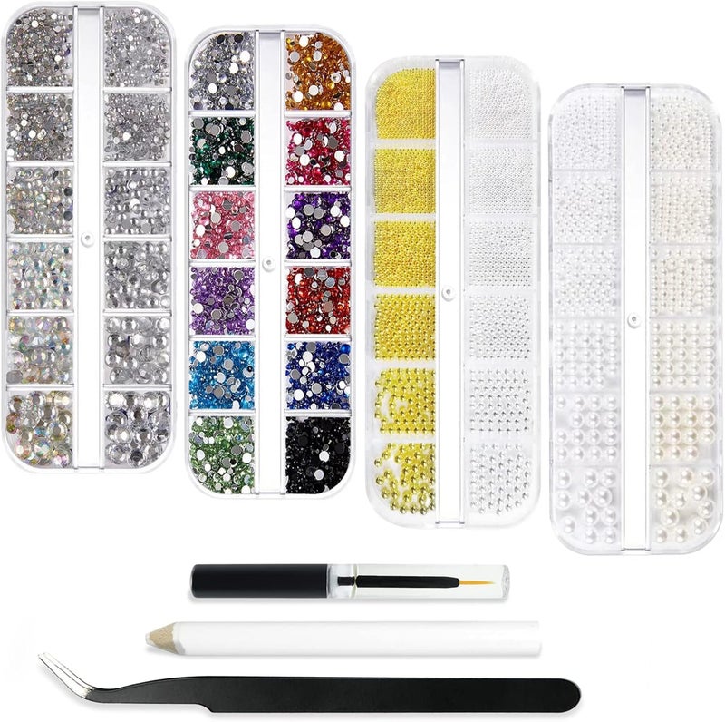 4 Boxes Nail Art Rhinestones Bright Beads Kit - Nail Crystal Gems Diamonds and Beads with Tweezers and Picking Rhinestones Pen