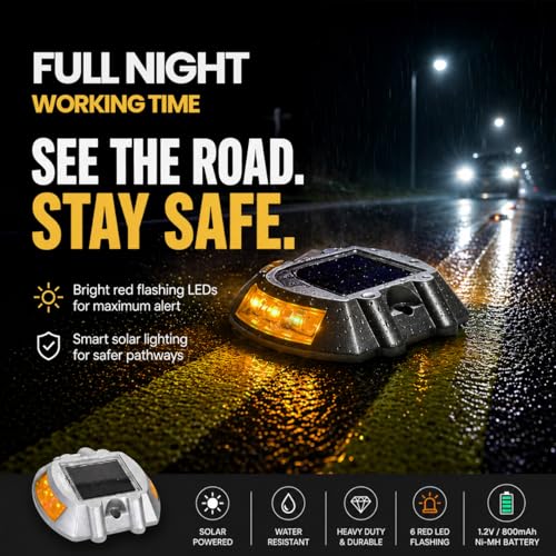 hardoll Solar Road Stud Light /Rechargeable 6 LED Lamp Waterproof Outdoor Lantern Step Pathway Lights for Security Driveway (Yellow Flashing)(Metal) - Image 5