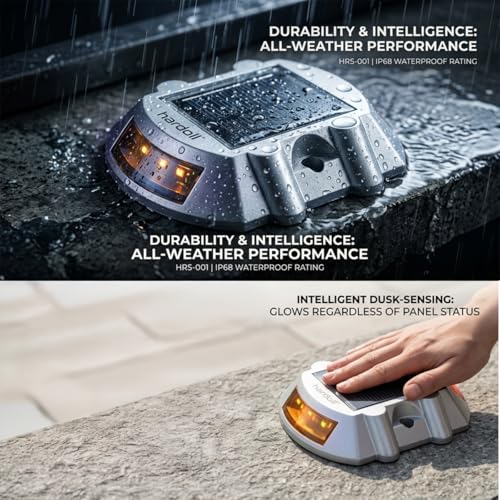 hardoll Solar Road Stud Light /Rechargeable 6 LED Lamp Waterproof Outdoor Lantern Step Pathway Lights for Security Driveway (Yellow Flashing)(Metal) - Image 3