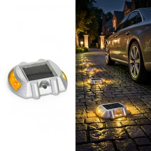 hardoll Solar Road Stud Light /Rechargeable 6 LED Lamp Waterproof Outdoor Lantern Step Pathway Lights for Security Driveway (Yellow Flashing)(Metal) - Image 1