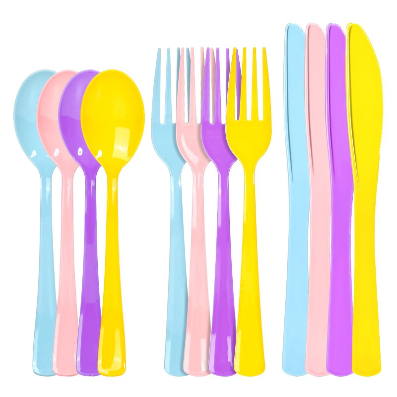 ALEXPRE 300 Pack Pink Blue Purple Yellow Disposable Plastic Silverware Heavy Duty  Plastic Cutlery Set Forks and Spoons Knives Set for Birthday Party Prom Night  Weddings  (Macaron Colors) - Image 1