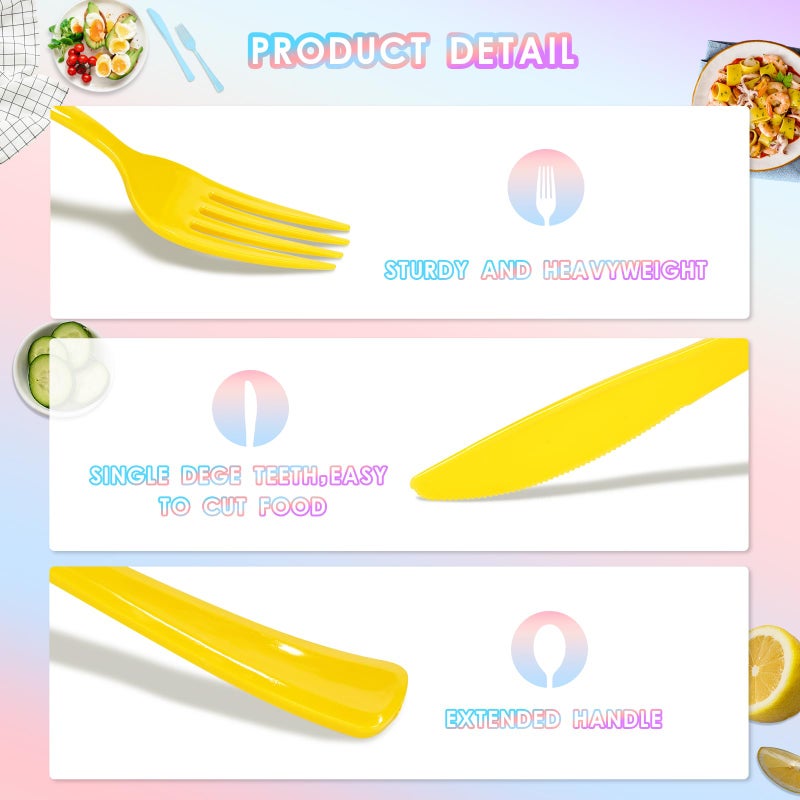ALEXPRE 300 Pack Pink Blue Purple Yellow Disposable Plastic Silverware Heavy Duty  Plastic Cutlery Set Forks and Spoons Knives Set for Birthday Party Prom Night  Weddings  (Macaron Colors) - Image 5