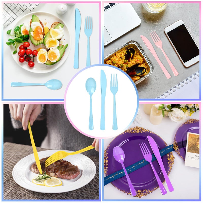 ALEXPRE 300 Pack Pink Blue Purple Yellow Disposable Plastic Silverware Heavy Duty  Plastic Cutlery Set Forks and Spoons Knives Set for Birthday Party Prom Night  Weddings  (Macaron Colors) - Image 3
