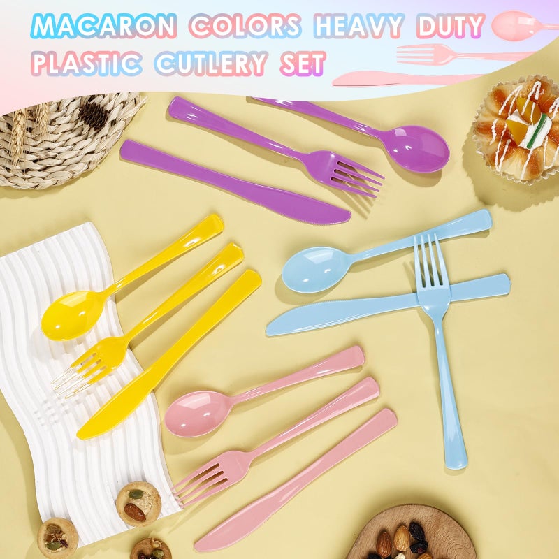 ALEXPRE 300 Pack Pink Blue Purple Yellow Disposable Plastic Silverware Heavy Duty  Plastic Cutlery Set Forks and Spoons Knives Set for Birthday Party Prom Night  Weddings  (Macaron Colors) - Image 4