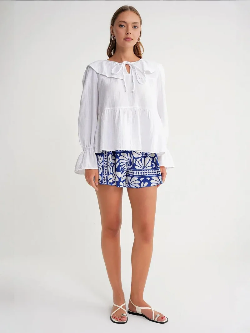 MixRay Mixray Frilly Shawl Collar Blouse with Tie Closure