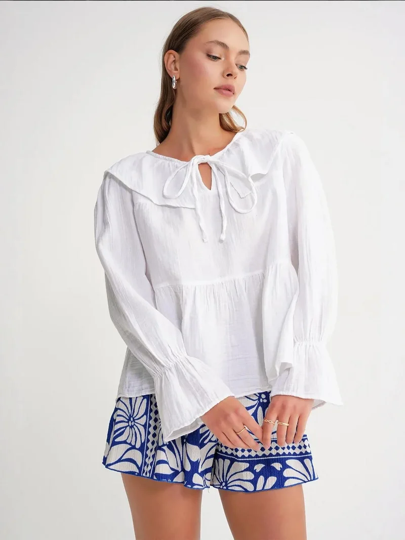MixRay Mixray Frilly Shawl Collar Blouse with Tie Closure