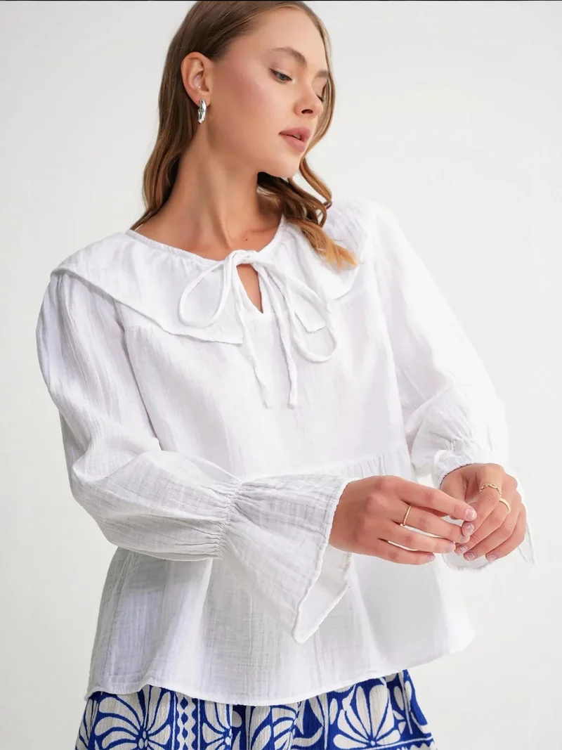 Mixray White Mixray Frilly Shawl Collar Blouse with Tie Closure for Women | Best Price UAE