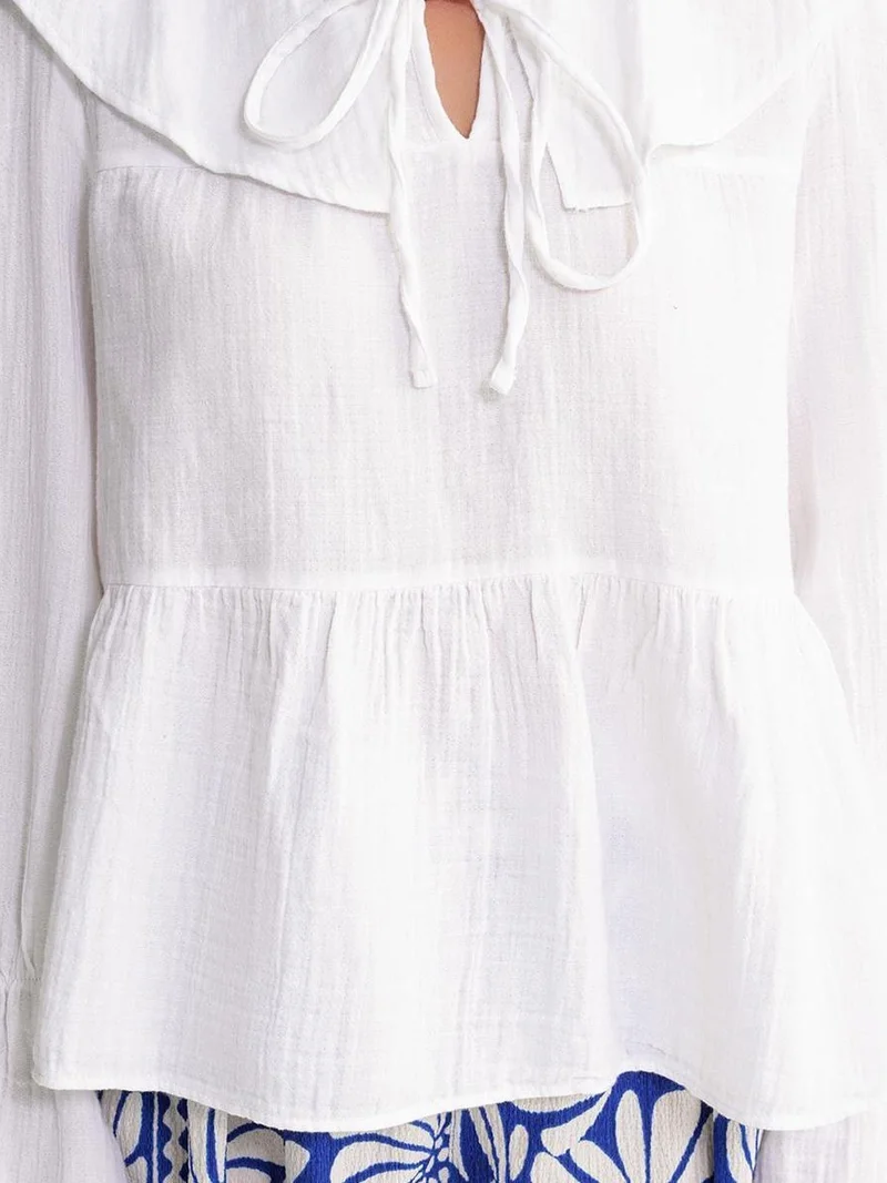 Mixray White Mixray Frilly Shawl Collar Blouse with Tie Closure for Women | Best Price UAE