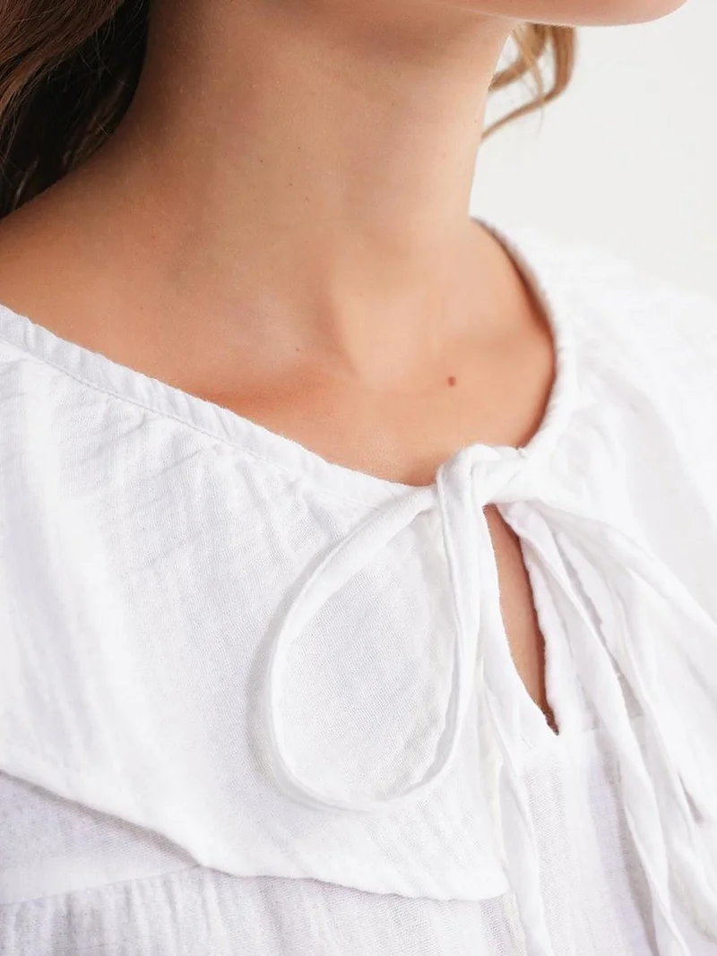 Mixray White Mixray Frilly Shawl Collar Blouse with Tie Closure for Women | Best Price UAE