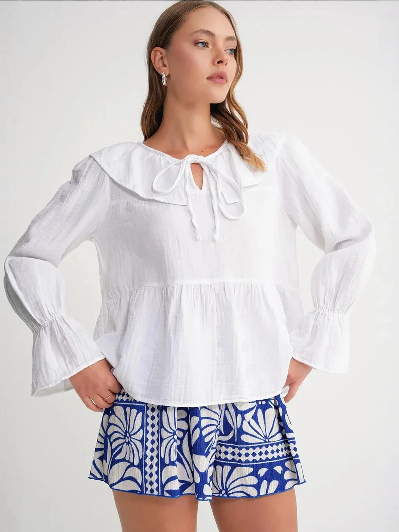 Mixray White Mixray Frilly Shawl Collar Blouse with Tie Closure for Women | Best Price UAE