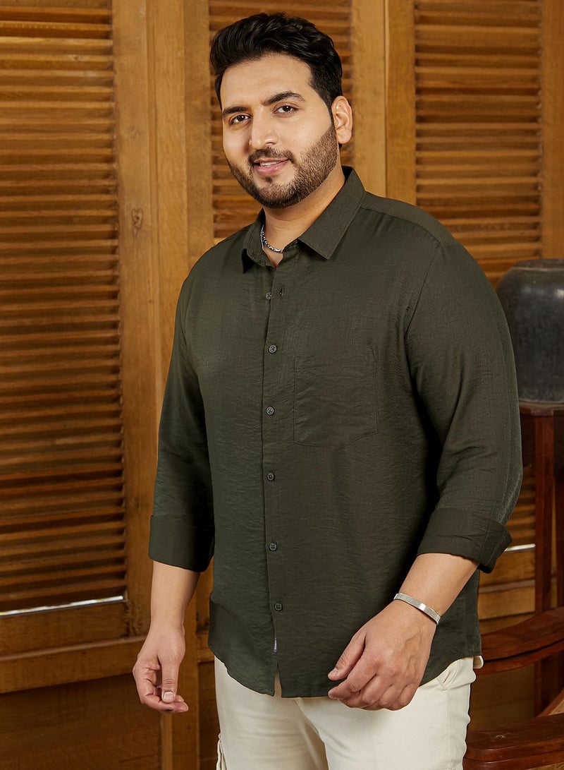 Instafab Plus Men's Olive Green Breezy Wrinked Relaxed Shirt For Casual Wear | Spread Collar | Long Cuffed Sleeves | Button Closure | Plus Size Shirt Crafted With Comfort Fit For Everyday Wear - Image 3