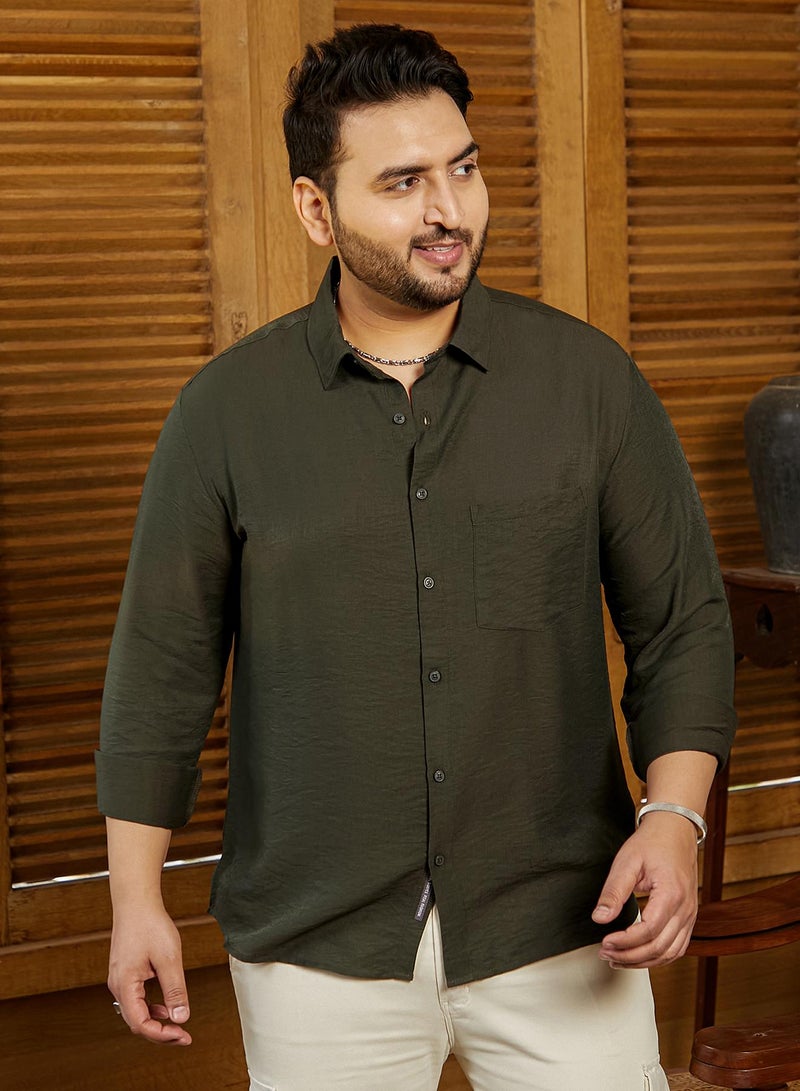 Instafab Plus Men's Olive Green Breezy Wrinked Relaxed Shirt For Casual Wear | Spread Collar | Long Cuffed Sleeves | Button Closure | Plus Size Shirt Crafted With Comfort Fit For Everyday Wear - Image 2