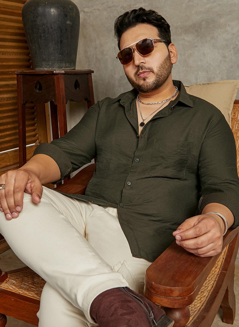 Instafab Plus Men's Olive Green Breezy Wrinked Relaxed Shirt For Casual Wear | Spread Collar | Long Cuffed Sleeves | Button Closure | Plus Size Shirt Crafted With Comfort Fit For Everyday Wear - Image 1