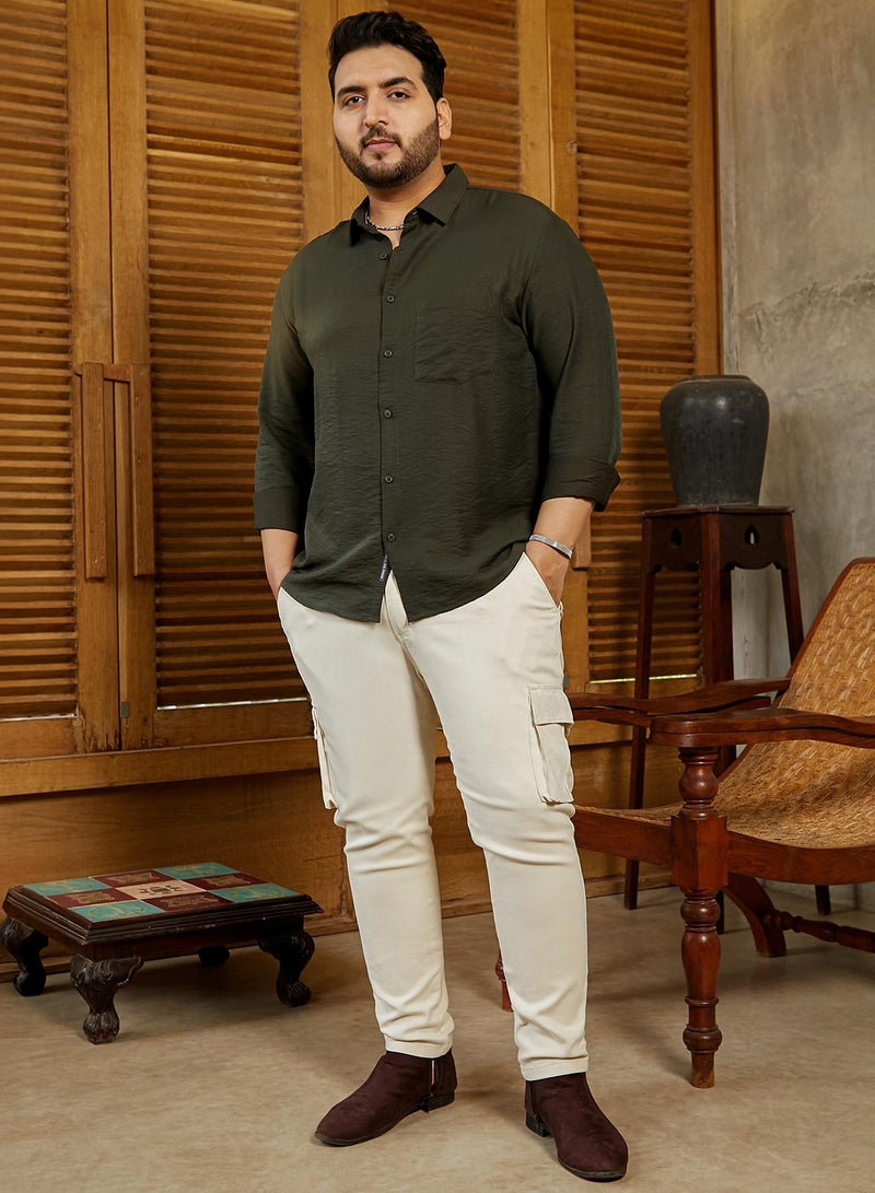 Instafab Plus Men's Olive Green Breezy Wrinked Relaxed Shirt For Casual Wear | Spread Collar | Long Cuffed Sleeves | Button Closure | Plus Size Shirt Crafted With Comfort Fit For Everyday Wear - Image 5