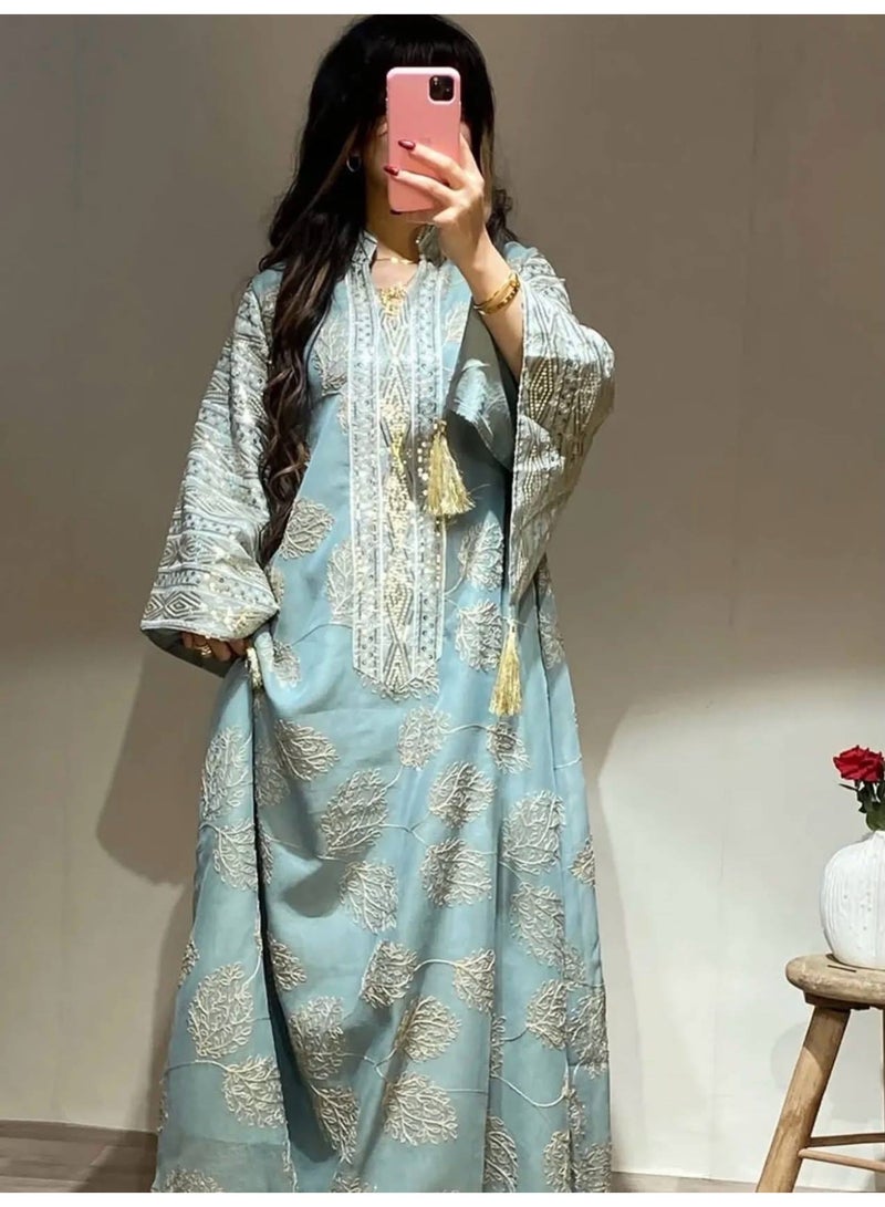 عباية حريمي مطرزة ستايل مغربي خامة كتان إسباني مستورد  تصميم واسع أنيق للمحجبات  كود 6370مقاس 1: عرض 60 سم – مناسب حتى 85 كجم باللون المينت - Image 5