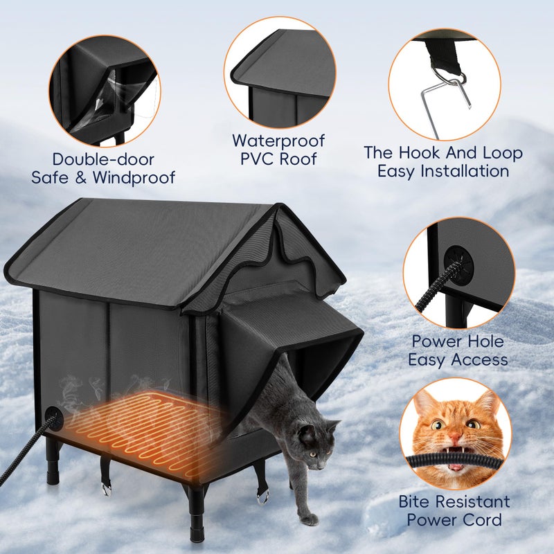 Newget Heated Cat House for Outside, Winter Insulated Cats House with Heated Pad, Waterproof Weatherproof Cat Shelter for Outdoor Indoor Cats, Cozy Elevated Feral Cat House Bed Gray 21x19.4x16.5 in - Image 3