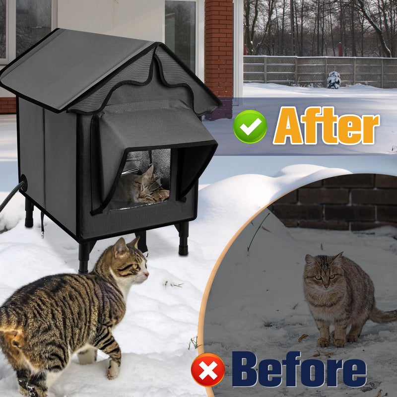 Newget Heated Cat House for Outside, Winter Insulated Cats House with Heated Pad, Waterproof Weatherproof Cat Shelter for Outdoor Indoor Cats, Cozy Elevated Feral Cat House Bed Gray 21x19.4x16.5 in - Image 5