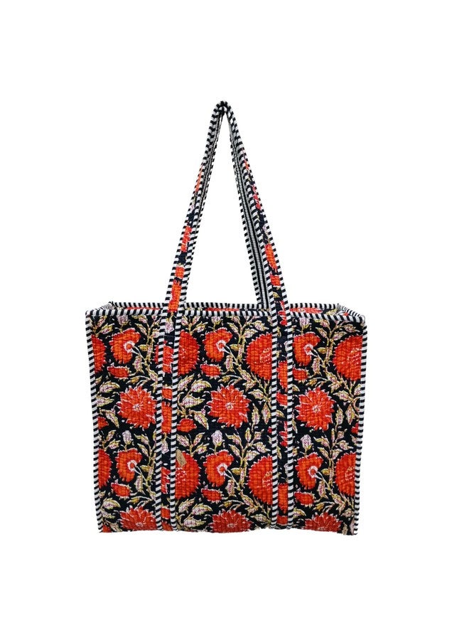 Doraya Cotton Printed Tote Bag,Hand Bag Multicolor Quilted Hand Block Floral Printed Women's Carry Bag Shoulder Shopping Tote Bags 18x5.5x16 Inch (Black 1) - Image 1