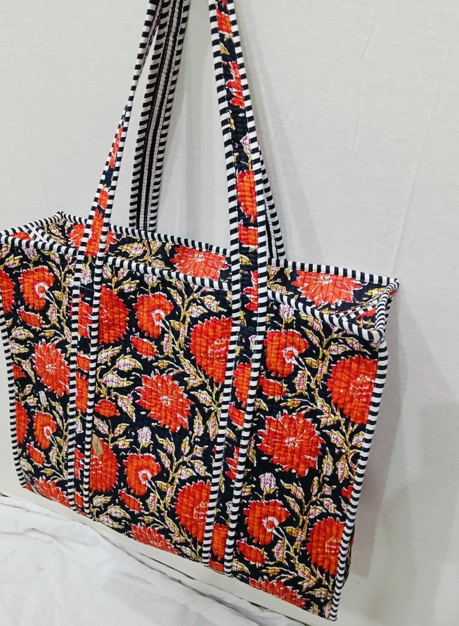 Doraya Cotton Printed Tote Bag,Hand Bag Multicolor Quilted Hand Block Floral Printed Women's Carry Bag Shoulder Shopping Tote Bags 18x5.5x16 Inch (Black 1) - Image 3