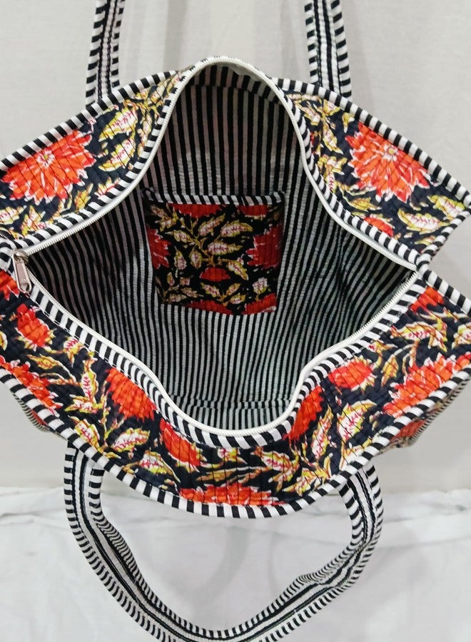 Doraya Cotton Printed Tote Bag,Hand Bag Multicolor Quilted Hand Block Floral Printed Women's Carry Bag Shoulder Shopping Tote Bags 18x5.5x16 Inch (Black 1) - Image 5