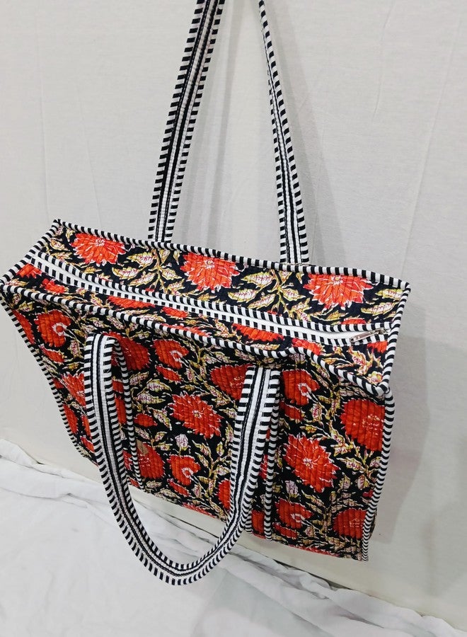 Doraya Cotton Printed Tote Bag,Hand Bag Multicolor Quilted Hand Block Floral Printed Women's Carry Bag Shoulder Shopping Tote Bags 18x5.5x16 Inch (Black 1) - Image 4