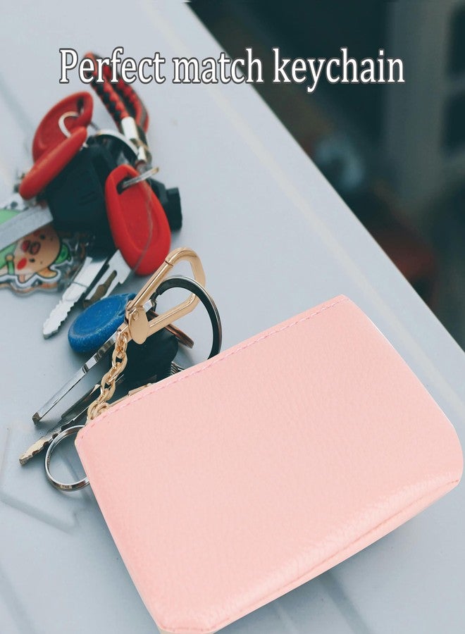 Veki Coin Purse With Key Chain, Full Grain Leather Mini Wallet, Small Coin Purse Keychain, Card Holder Keychain Small Keychain Wallet, Fashionable Classic Clutch Purse, for Women and Men (Pink) - Image 4