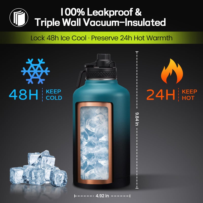 ICIOI 64oz/Half Gallon Insuated Water Bottle  (Keep Cold 48H)  Leak Proof Food-Grade Stainless Steel Water Jug With Straw Lid and Atuo Spout Lid  Portable Paracord Handle & Carrier Bag Black Gray - Image 2