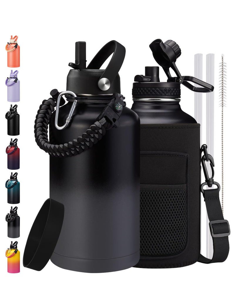 ICIOI 64oz/Half Gallon Insuated Water Bottle  (Keep Cold 48H)  Leak Proof Food-Grade Stainless Steel Water Jug With Straw Lid and Atuo Spout Lid  Portable Paracord Handle & Carrier Bag Black Gray - Image 1