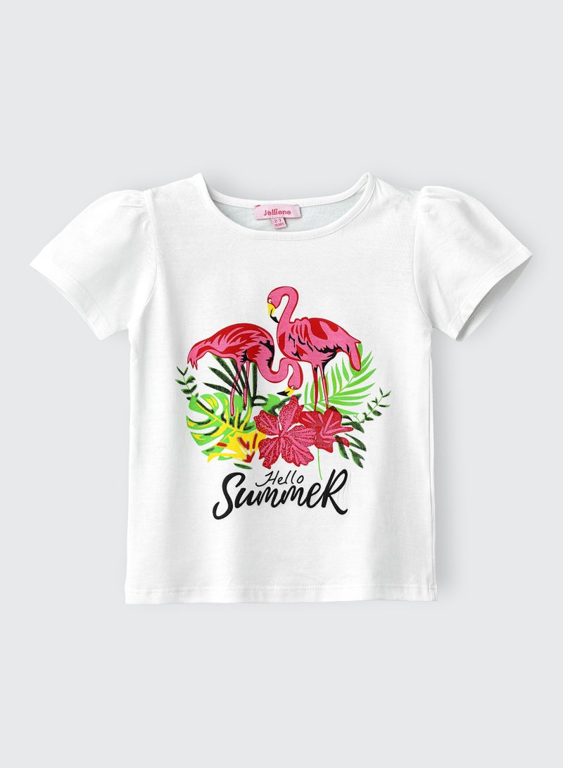 Jelliene Hello Summer Flamingo Cotton Tee for Girls  - Image 1