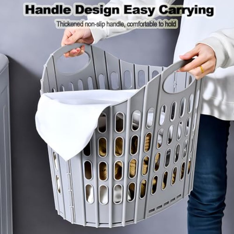 Foldable laundry basket for home, dorm, travel use; polypropylene material; gray color; 63L capacity, collapsible design with carry handle for space-saving storage - Image 5