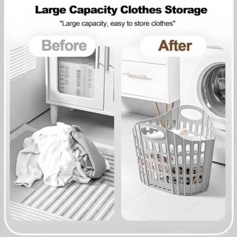 Foldable laundry basket for home, dorm, travel use; polypropylene material; gray color; 63L capacity, collapsible design with carry handle for space-saving storage - Image 3