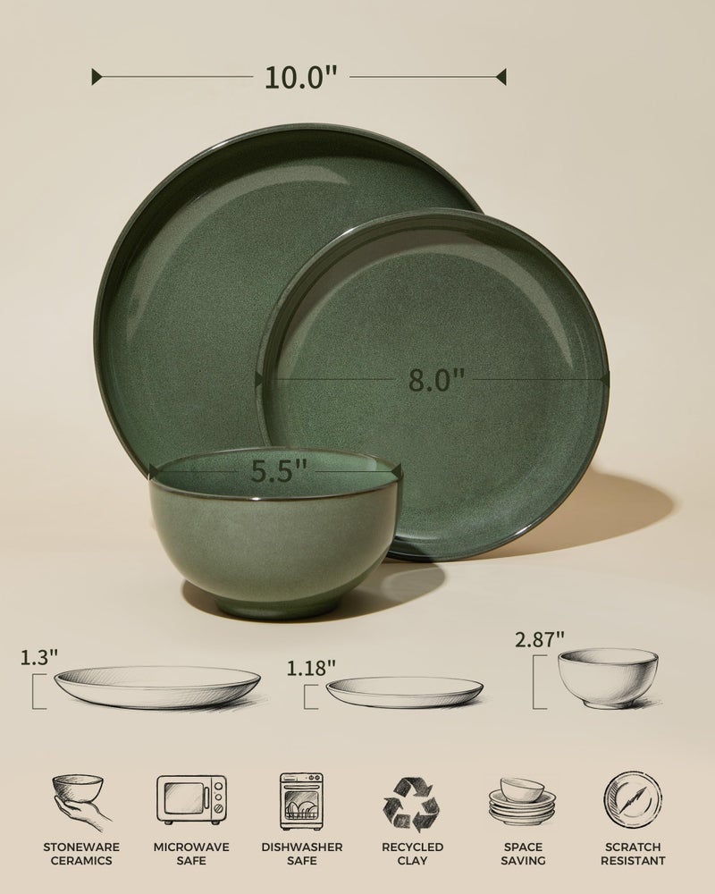 Pokini Stoneware Dinnerware Sets, Ceramic Plates and Bowls Set, Microwave & Dishwasher Safe Kitchen Dishes, Modern Dinner Salad Plates | Cereal Bowls, Dishware Sets Service for 4 Forest Green - Image 2