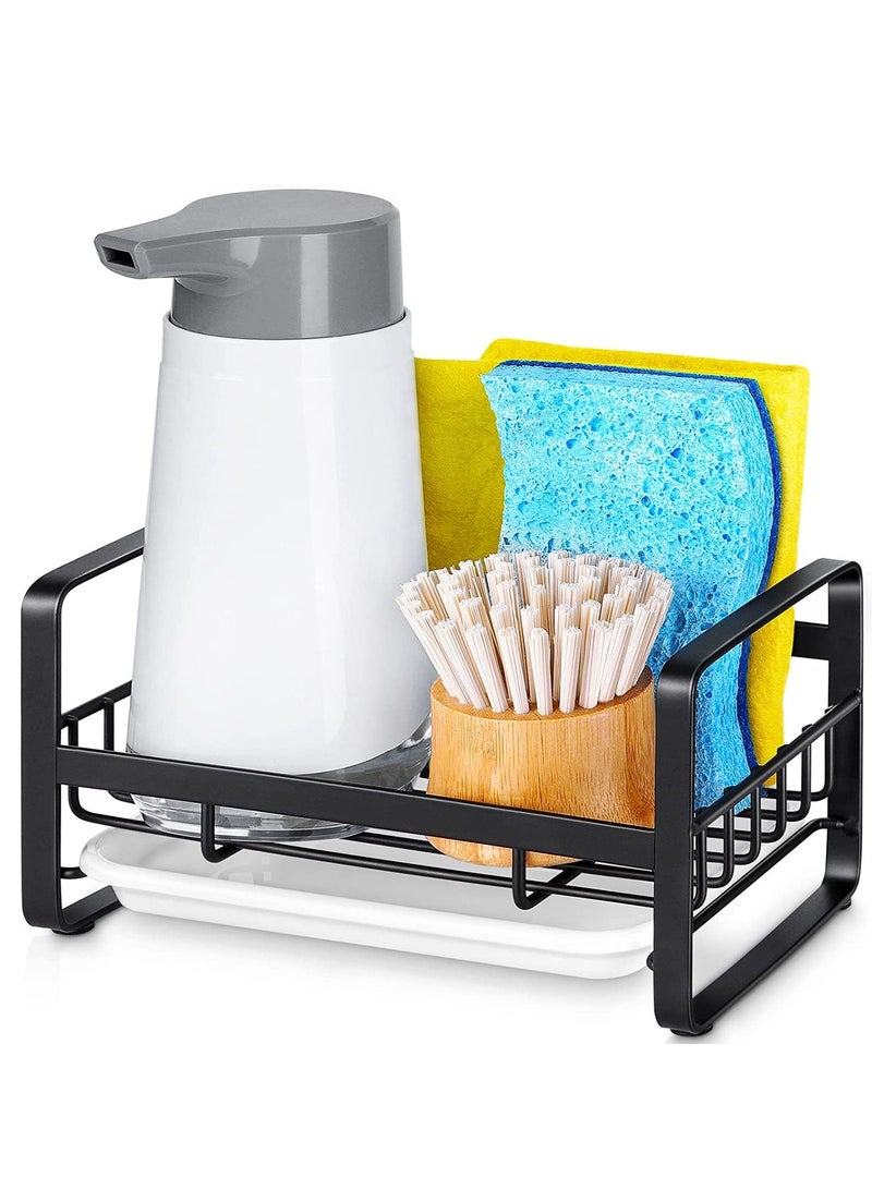 304 Stainless Steel Kitchen Sink Sponge Holder with Removable Drip Tray, Countertop Organizer for Dish Soap, Black (Dispenser and Brush Not Included) - Image 1
