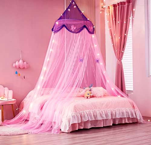 Nattey Bed Canopy with Lights,Bed Canopy for Girls Canopy Bed Curtains Girls Bedroom Decor for Twin to King Size Bed (Purple and Pink) - Image 2