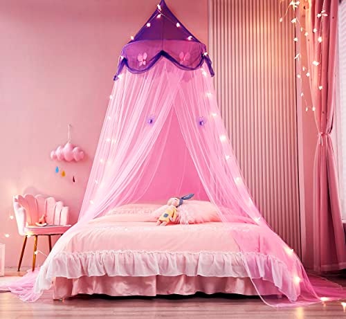 Nattey Bed Canopy with Lights,Bed Canopy for Girls Canopy Bed Curtains Girls Bedroom Decor for Twin to King Size Bed (Purple and Pink) - Image 3