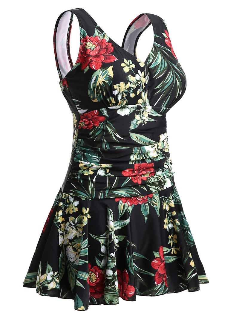 MiYang Women's Plus-Size Flower Printing Shaping Body One Piece Swim Dresses Swimsuit Black Flower Large (US 12-14) - Image 1