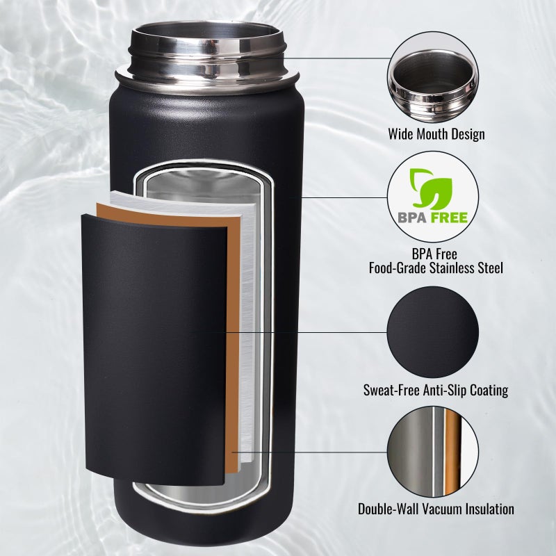 Fijinhom 18 oz Insulated Water Bottle with Handle, 304 Stainless Steel Water Bottles with Wide Mouth, Double Wall Vacuum Sports Water Bottle, BPA Free, Keep Cold and Hot, Black - Image 3
