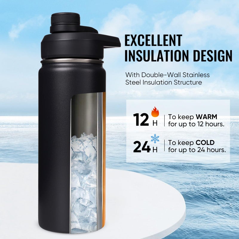 Fijinhom 18 oz Insulated Water Bottle with Handle, 304 Stainless Steel Water Bottles with Wide Mouth, Double Wall Vacuum Sports Water Bottle, BPA Free, Keep Cold and Hot, Black - Image 2