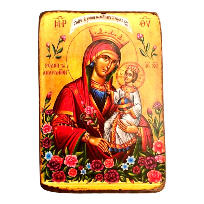 Iconsgr Handmade Wooden Greek Christian Orthodox Wood Icon of Virgin Mary The Unwithering Rose  A0 