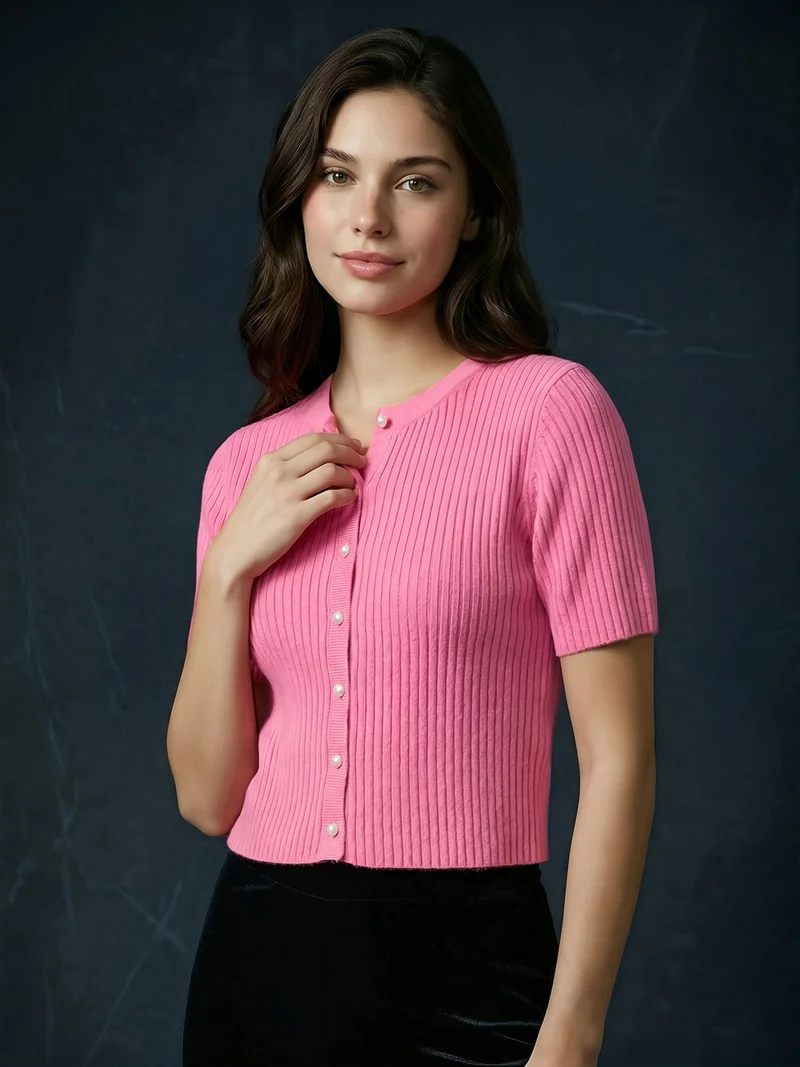 globus Globus Women Pink V-Neck Short Sleeves Self Design Top