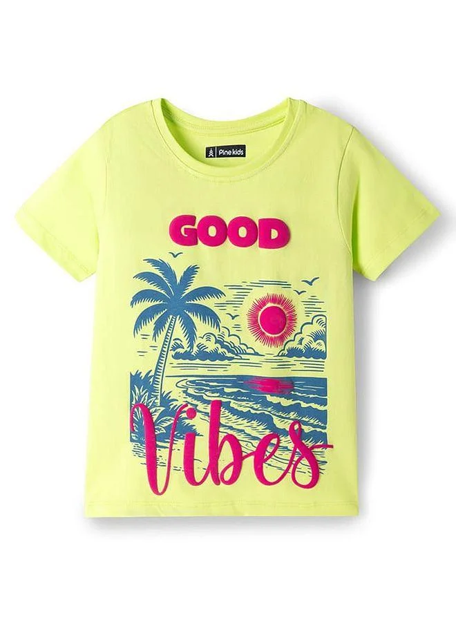 Pine Kids Pine Kids Cotton Knit Half Sleeves T-Shirts With Beach Theme - Lime Green