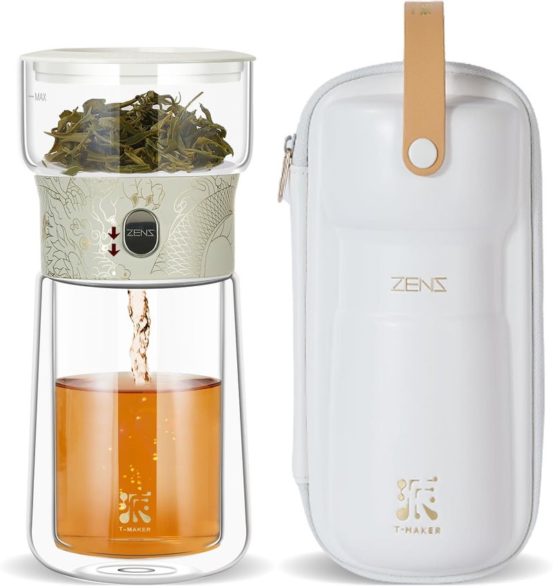 Zens Cool Glass Teapot with Infuser, Smart One Touch Tea Maker for Loose Tea Diffusers with Insulated Mug and Portable Tea Kits, Enchanted Teapot Alternatives for Tea Lover Gifts - Image 1