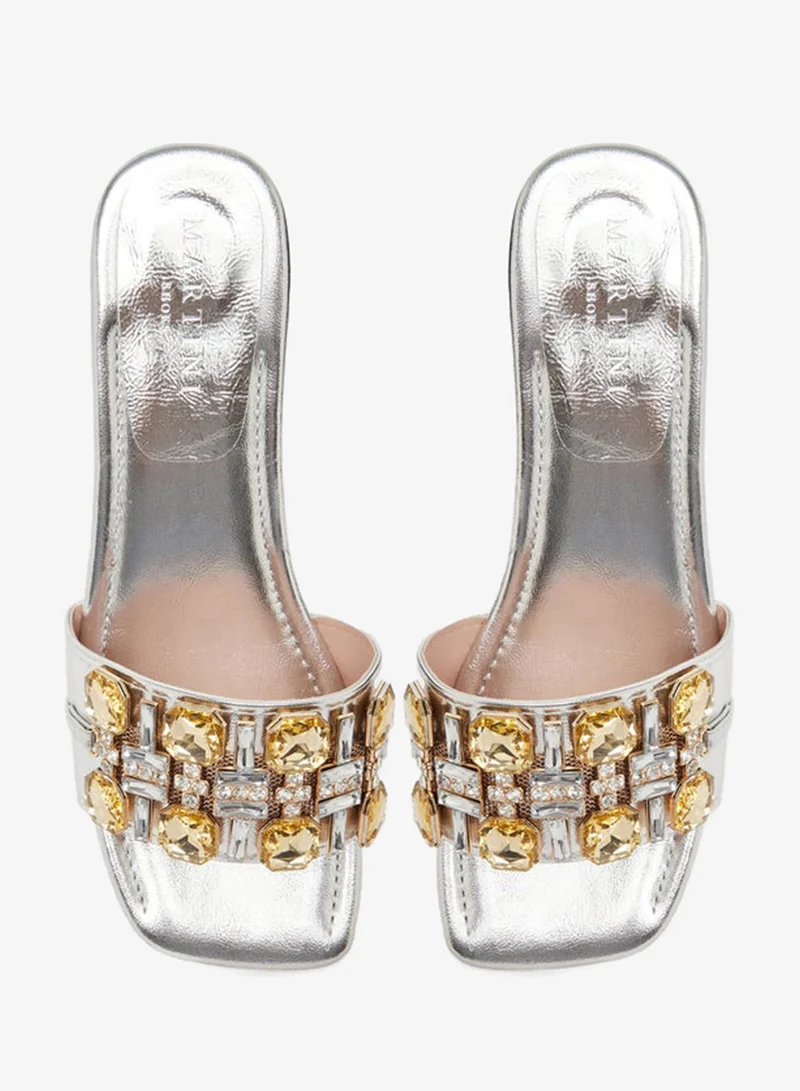 Take Two  Women Silver Embellished Black Heel Sandals for Women | Best Price UAE