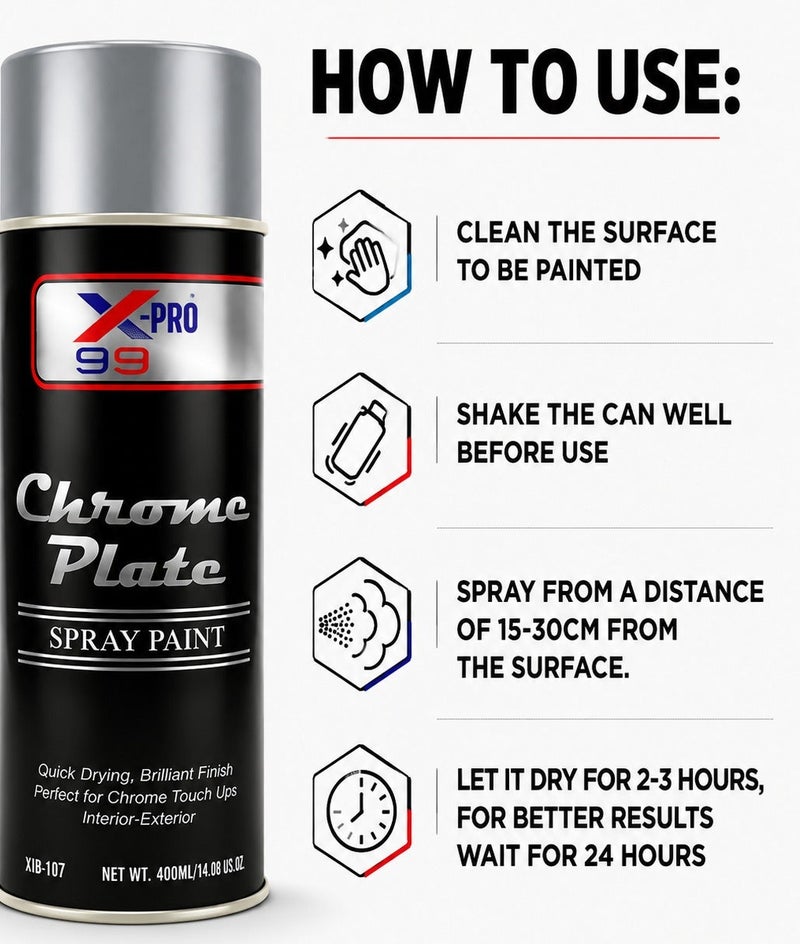 X-PRO 99 Chrome Plate Spray Paint 400ml Quick Dry Metallic Chrome Finish Aerosol for Metal Wood Plastic Automotive Parts Bicycle Furniture DIY Restoration Decorative Coating Indoor & Outdoor Surface Protection. - Image 2