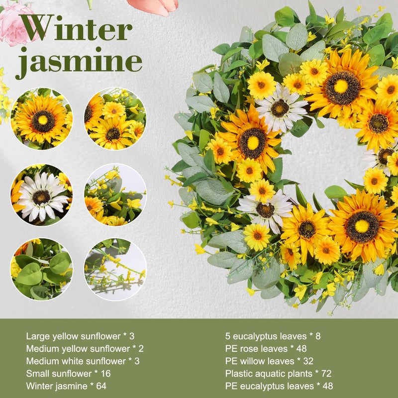 Vsonker 24" Sunflower Wreaths for Front Door, Greenery Summer Spring Front Door Wreath with Sunflowers and Eucalyptus for Indoor Outdoor Wall Window, Outside Floral Wreath Decor for Home Porch - Image 5